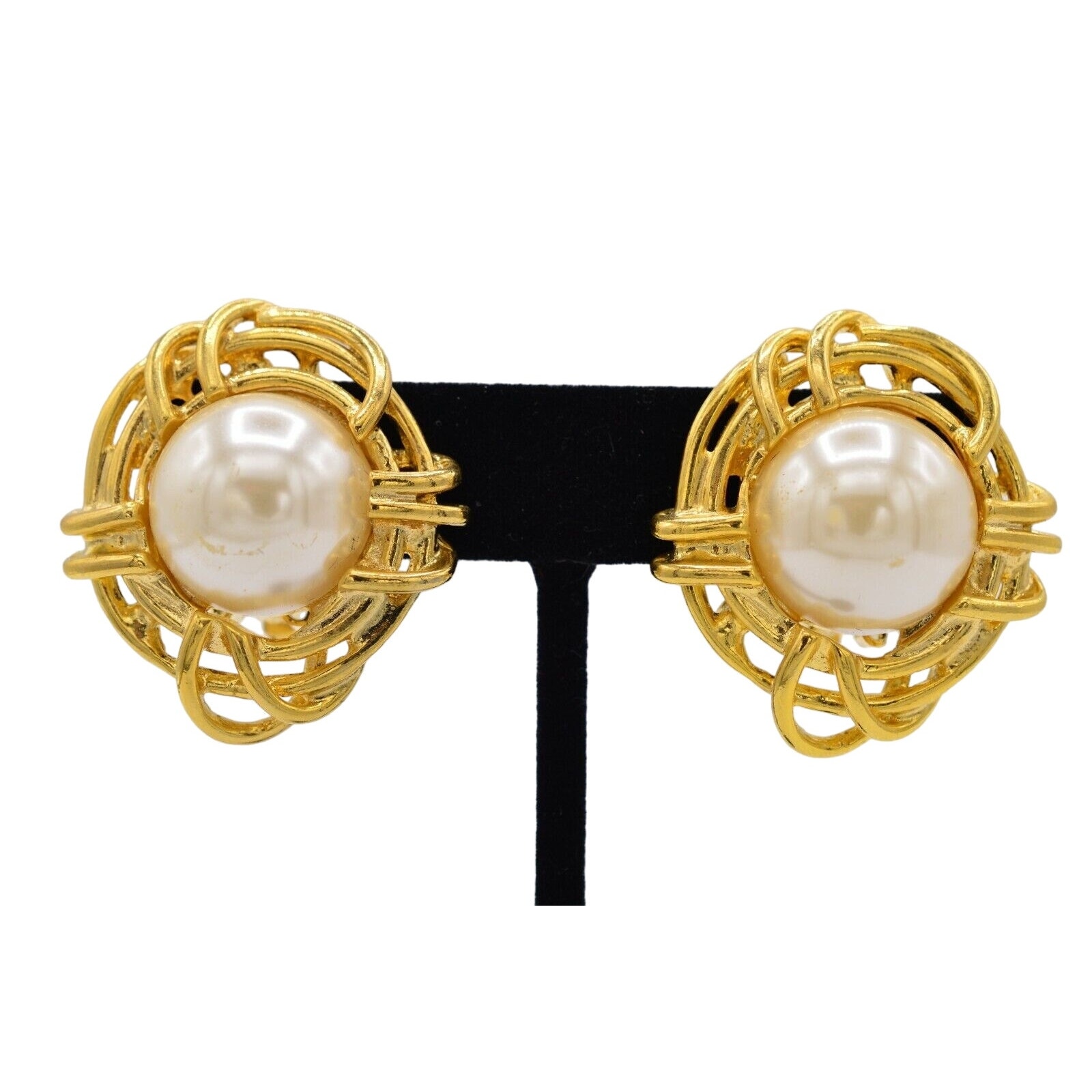 Usa Signed Clip Earrings Pearl Gold Heavy Chunky Round Nos Vintage 1980s W1